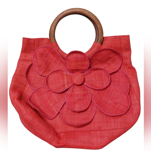 Elegant Red Floral Tote with Wooden Handles - Picture 1 of 5